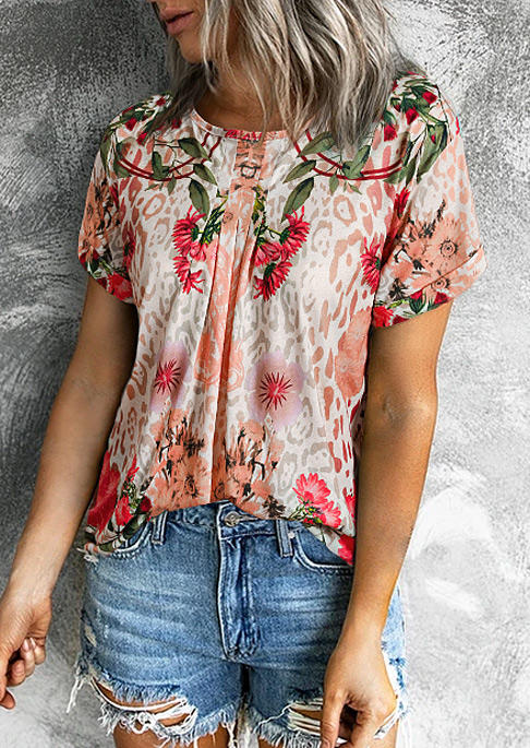 

Leopard Floral O-Neck Blouse, Multicolor, 506643