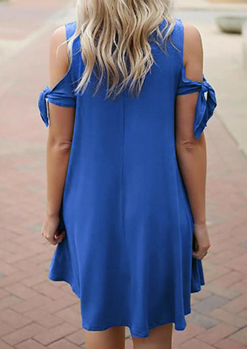 Pocket Tie Cold Shoulder Mini Dress - Blue