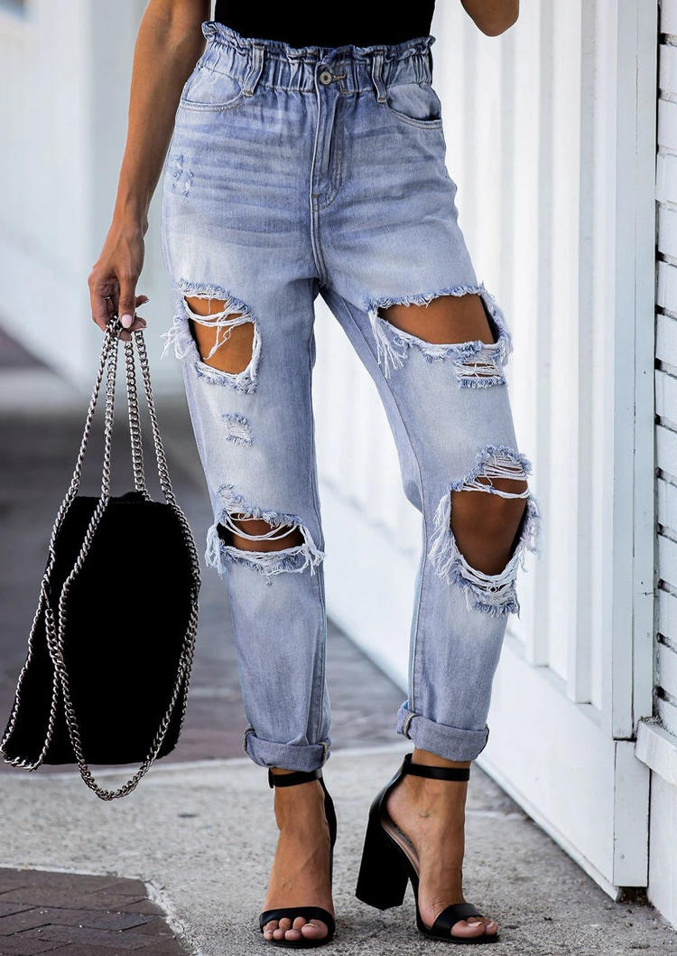 

Ripped Hole Distressed Elastic Waist Denim Jeans - Light Blue, 506716