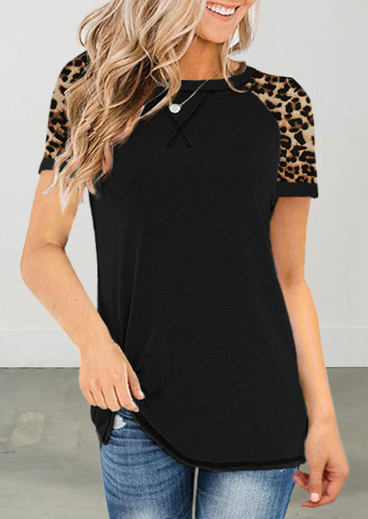 

Leopard Raglan Sleeve O-Neck Blouse - Black, 506717