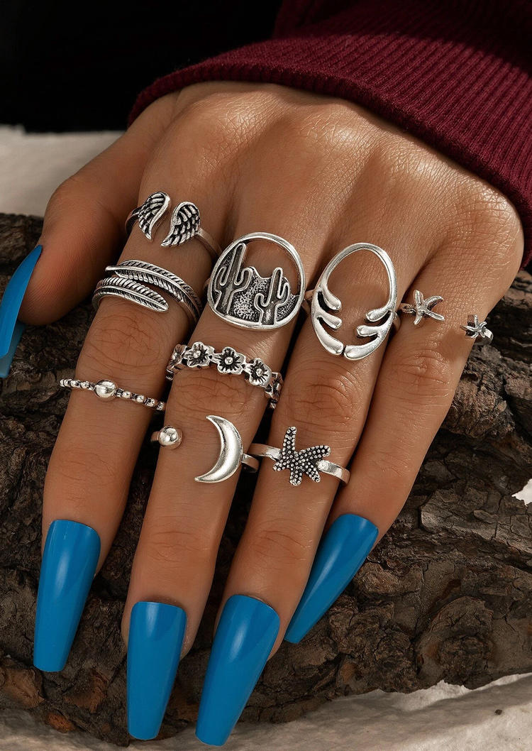 

9Pcs Vintage Cactus Starfish Wing Moon Open Mouth Ring Set, Silver, 506727