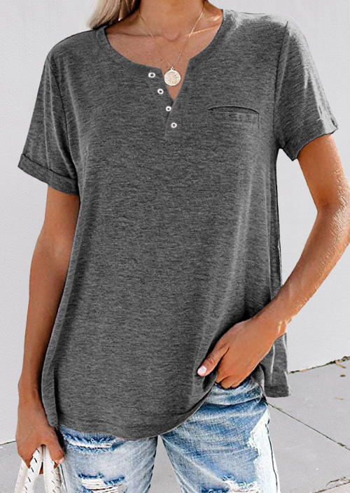 

Button Fake Pocket Short Sleeve Blouse - Dark Grey, 506748