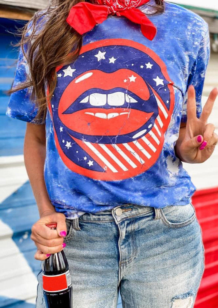 

American Flag Star Lips Tie Dye T-Shirt Tee - Blue, 505650