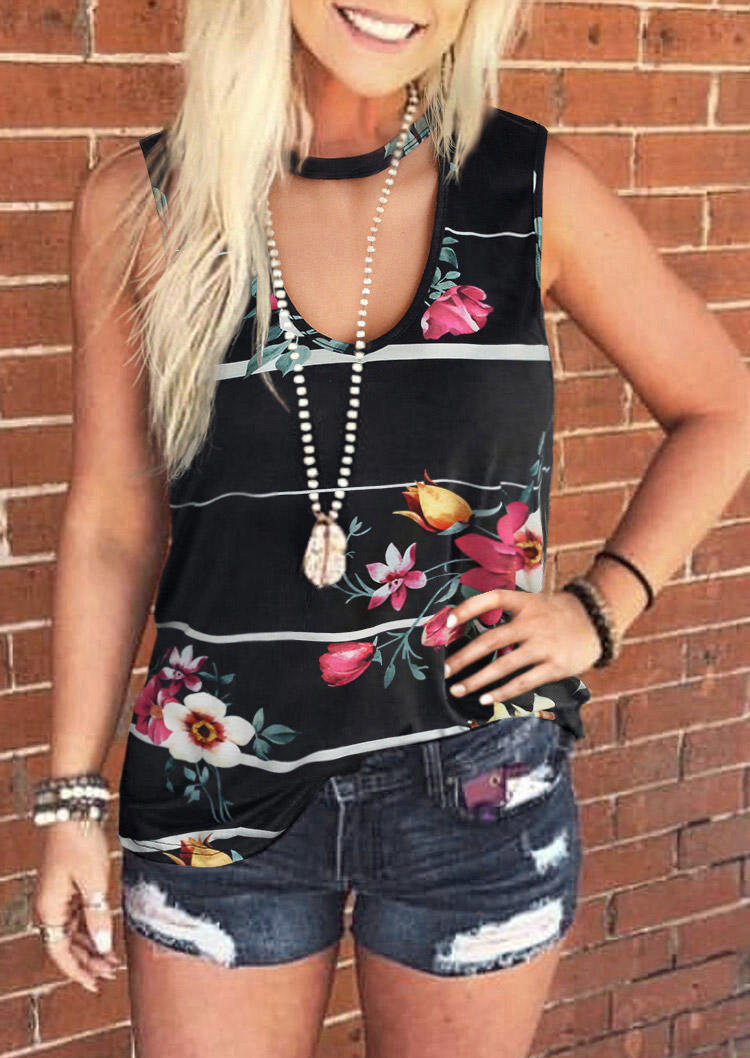 

Floral Striped Keyhole Neck Tank - Black, 505925