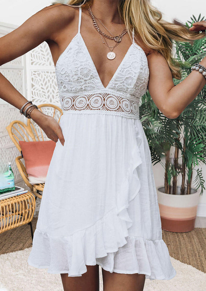 

Floral Lace Open Back Tie Ruffled Spaghetti Strap Mini Dress - White, 506526