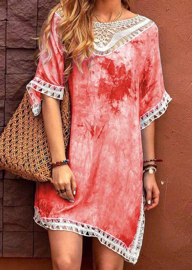 

Lace Tie Dye Hollow Out Crochet Mini Dress - Red, 506753