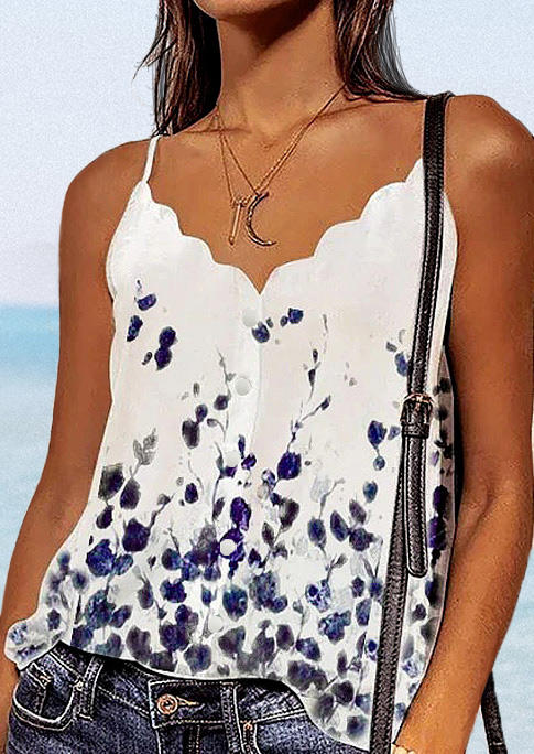 

Floral Ink Painting Button Casual Camisole - White, 506760