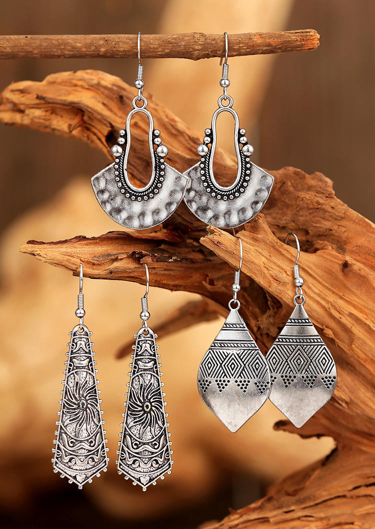 

3 Pairs/Set Hollow Out Ethnic Style Geometric Alloy Earrings, Silver, 506764