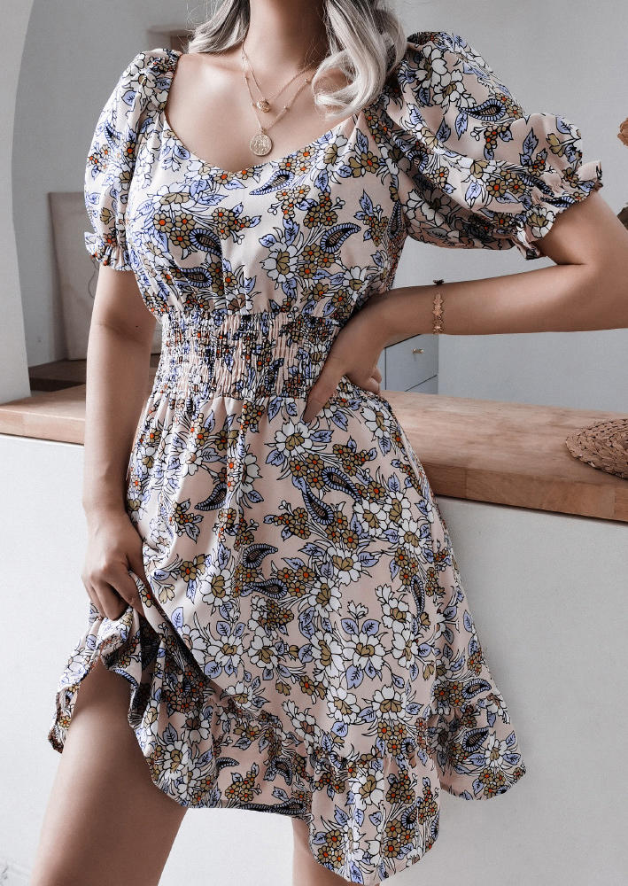 

Floral Smocked Waist Elastic Cuff Mini Dress, Multicolor, 506765