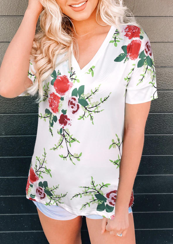 

Floral Short Sleeve V-Neck Blouse - White, 506771