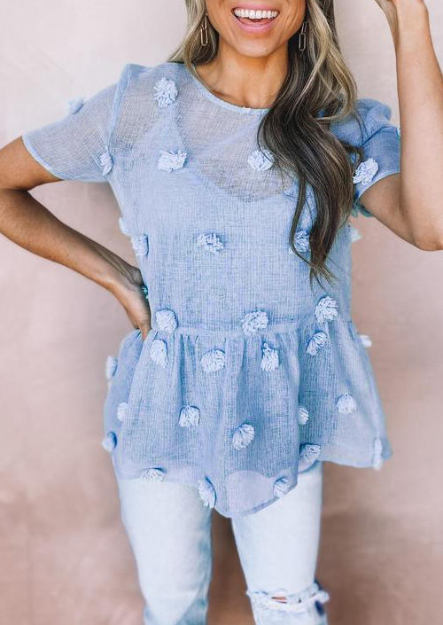 

Dotted Swiss See-Through O-Neck Blouse - Blue, 506772