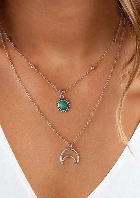 

Vintage Hollow Out Moon Turquoise Dual-Layered Necklace - Silver, 506792