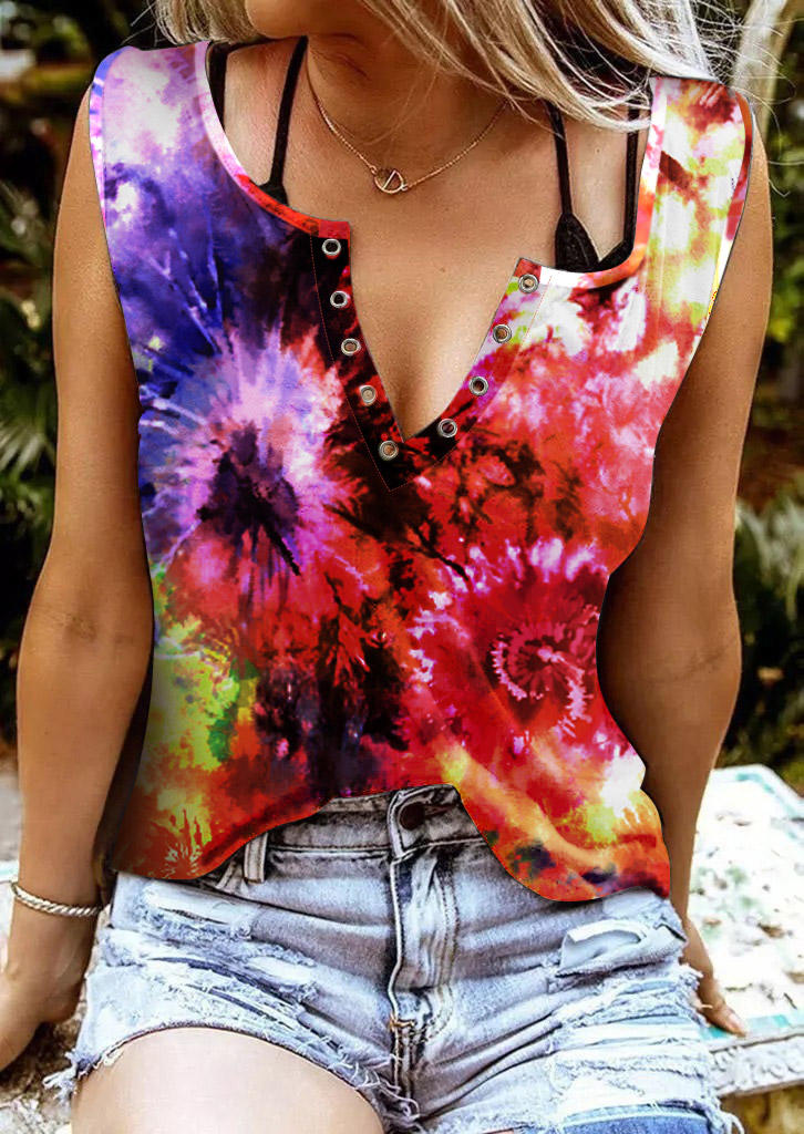 

Tie Dye Hole Notched Neck Casual Tank, Multicolor, 506195