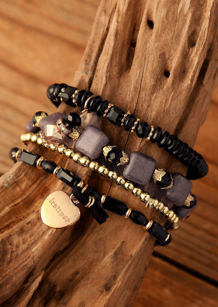 

4Pcs Bohemian Beading Rhinestone Heart Bracelets, Black, 504898