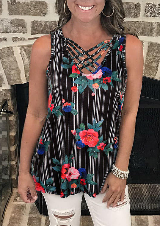 

FLoral Striped Criss-Cross Sleeveless Tank, Multicolor, 506576