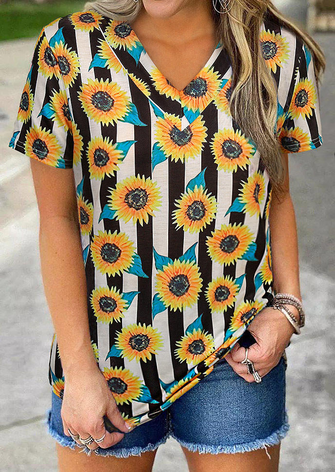 

Sunflower Striped V-Neck Casual Blouse, Multicolor, 506826