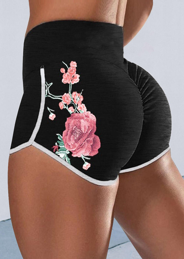 

Floral Ruffled Elastic Waist Yoga Sports Shorts - Black, 506858