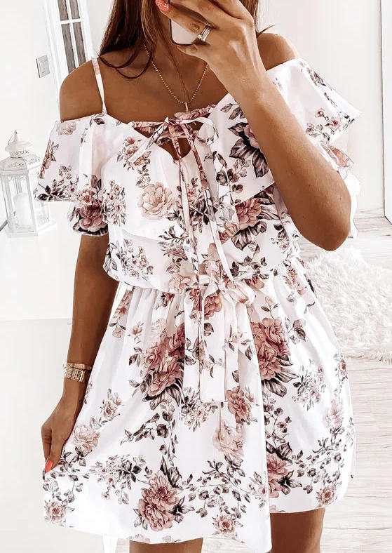 

Floral Tie Cold Shoulder Layered Mini Dress - White, 506860