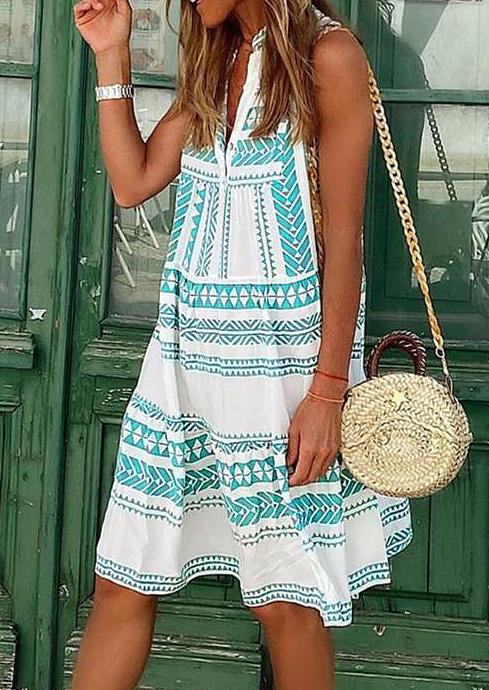 

Bohemian Geometric Notched Neck Mini Dress - Cyan, 506862
