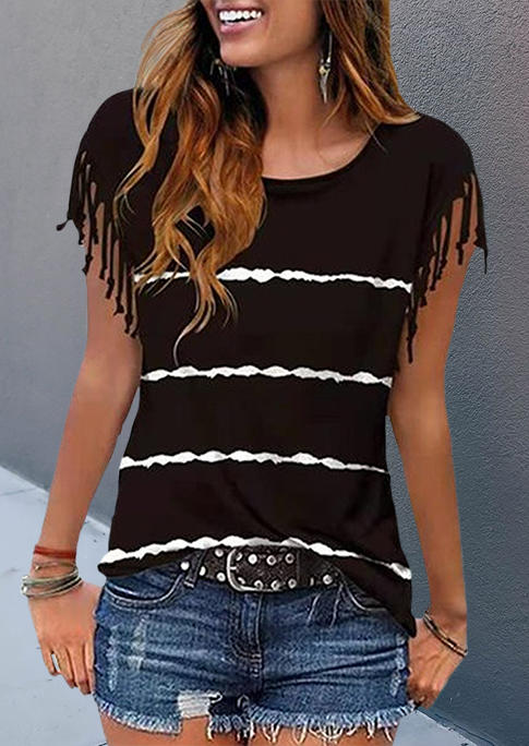 

Tassel Striped O-Neck Blouse - Black, 506883