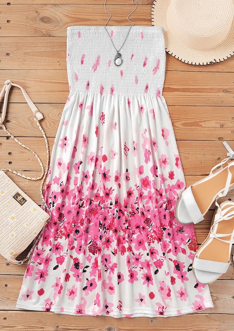 Floral Smocked Strapless Ruffled Mini Dress - White