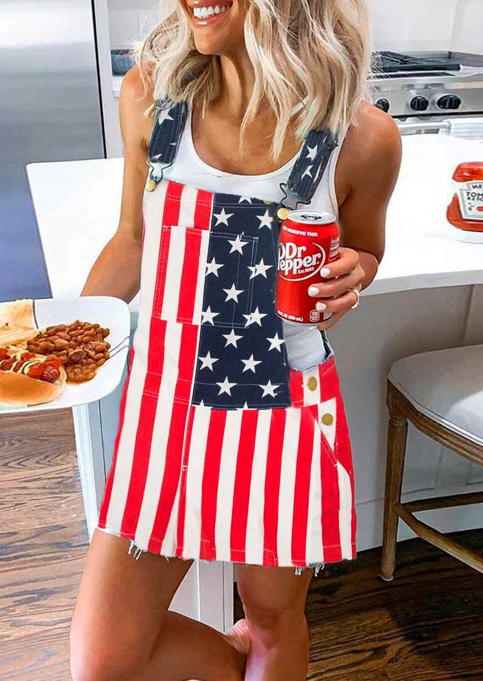 American Flag Star Striped Pocket Overall Mini Dress - Bellelily