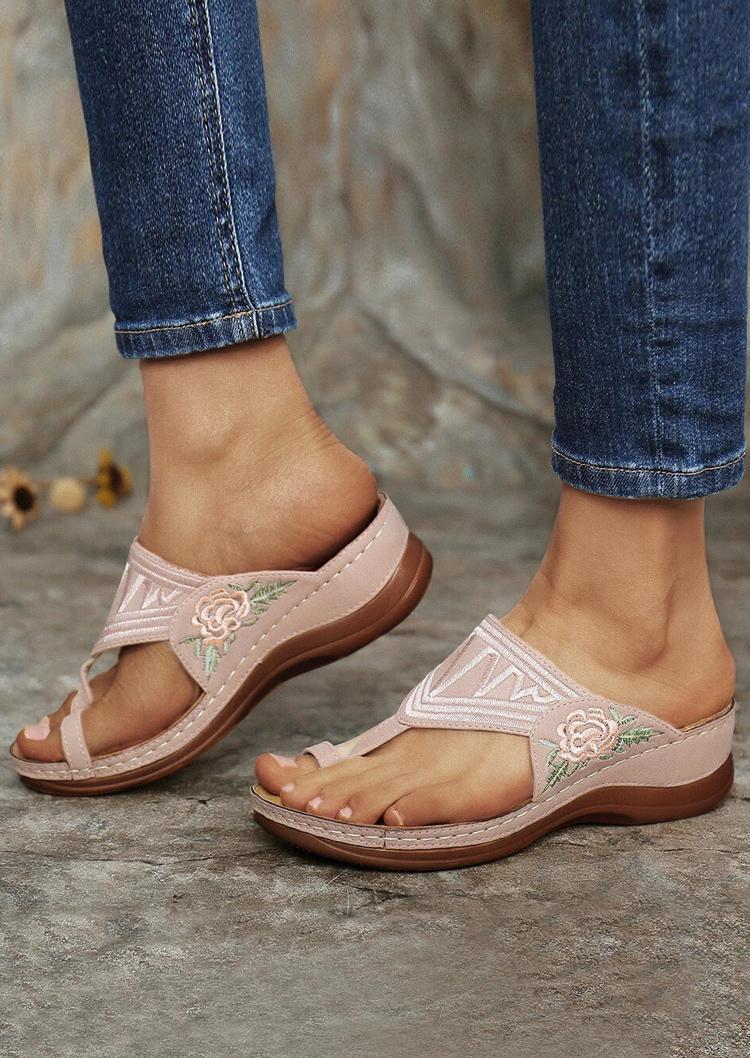 

Embroidery Floral Toe Ring Slippers - Pink, 506943