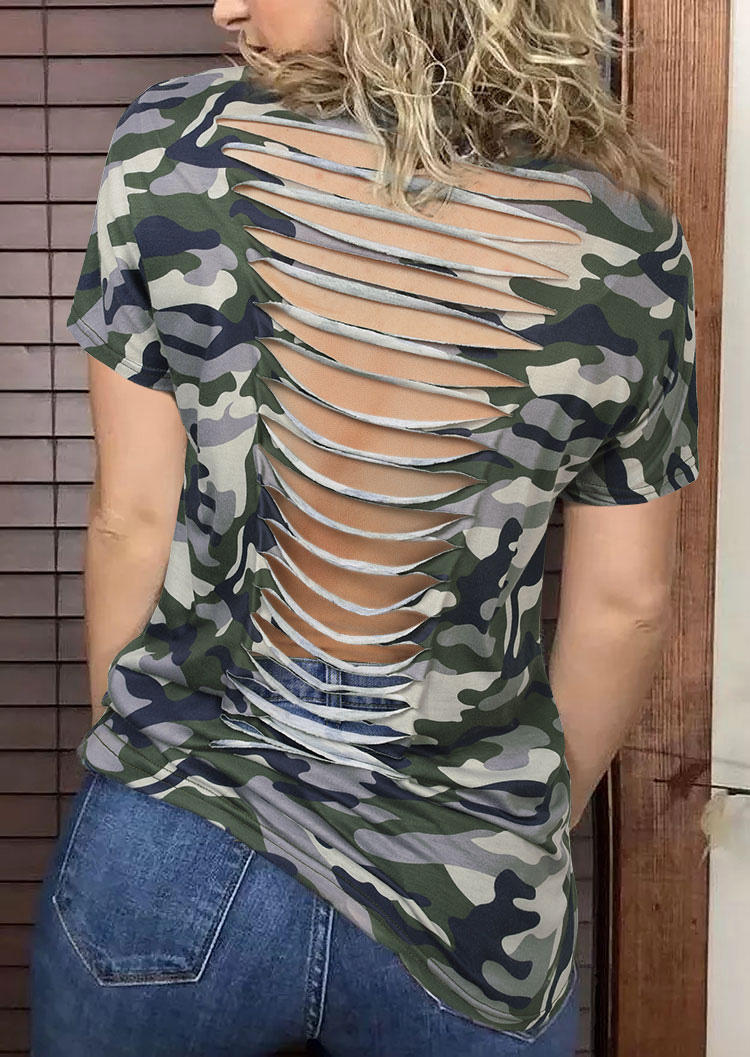 

Camouflage Hollow Out Back O-Neck Blouse, 506964