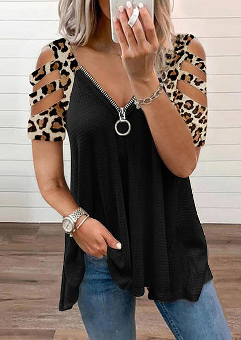 

Leopard Zipper Collar Cold Shoulder Blouse - Black, 506976