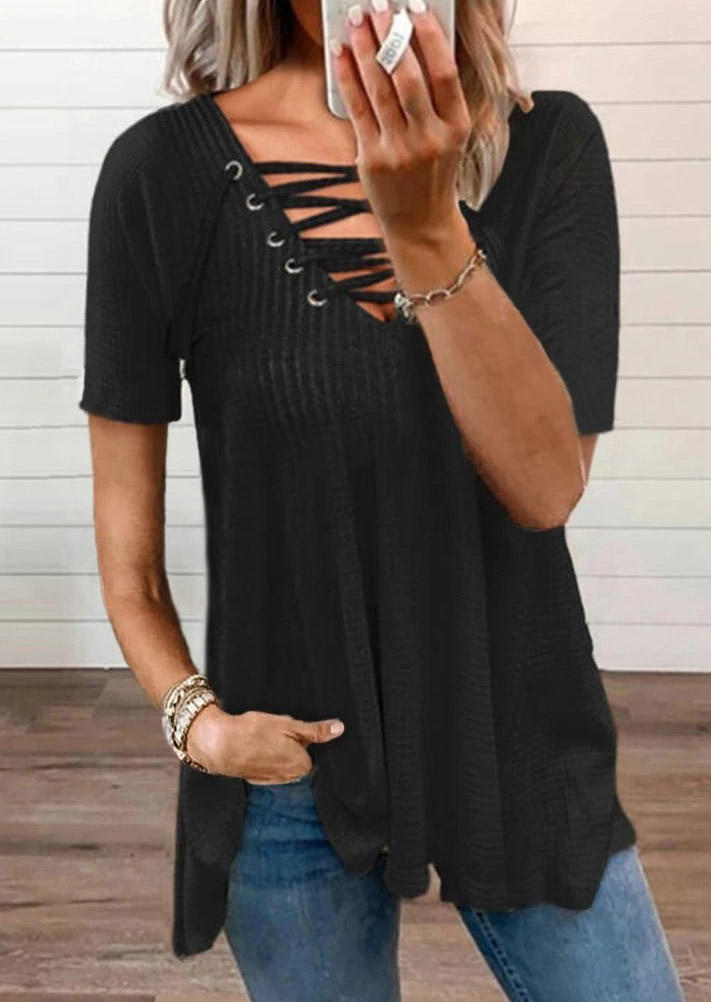 

Lace Up Hollow Out Blouse - Black, 507000