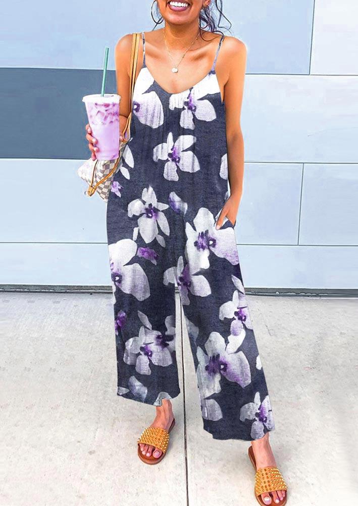 

Floral Pocket Spaghetti Strap Wide Leg Jumpsuits, Multicolor, 507006
