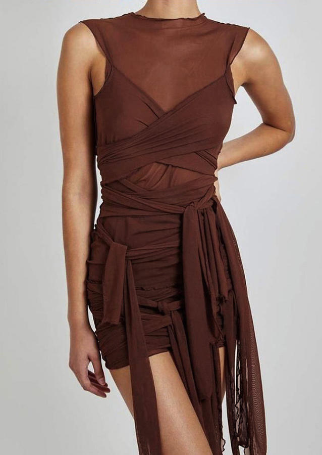 

Mesh Splicing Wrap Tie Sleeveless Bodycon Dress - Brown, 504125