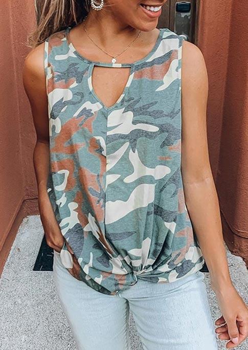 

Camouflage Tie Hollow Out Keyhole Neck Tank, 505884