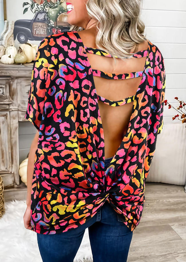 

Colorful Leopard Open Back Twist Blouse, Multicolor, 506382