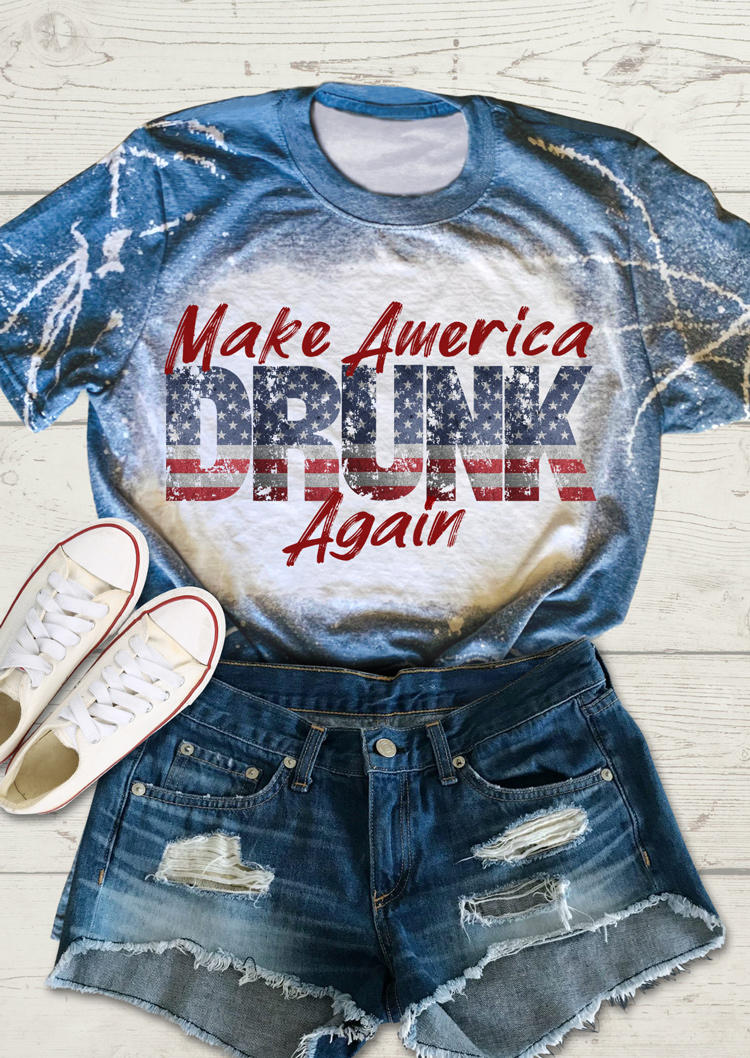 

American Flag Make America Drunk Again Bleached T-Shirt Tee, Multicolor, 506733