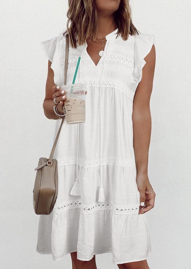 

Lace Hollow Out Tassel Drawstring Cap Sleeve Mini Dress - White, 506861