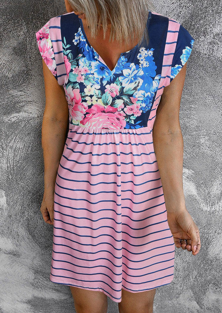 Floral Striped Ruffled Notched Neck Mini Dress