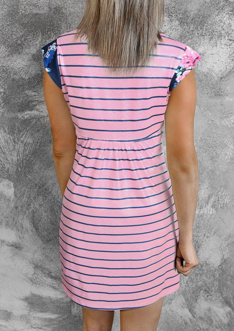 Floral Striped Ruffled Notched Neck Mini Dress