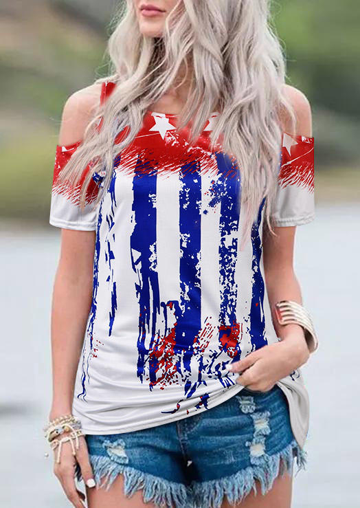 

American Flag Star Striped Cold Shoulder Blouse, Multicolor, 506971