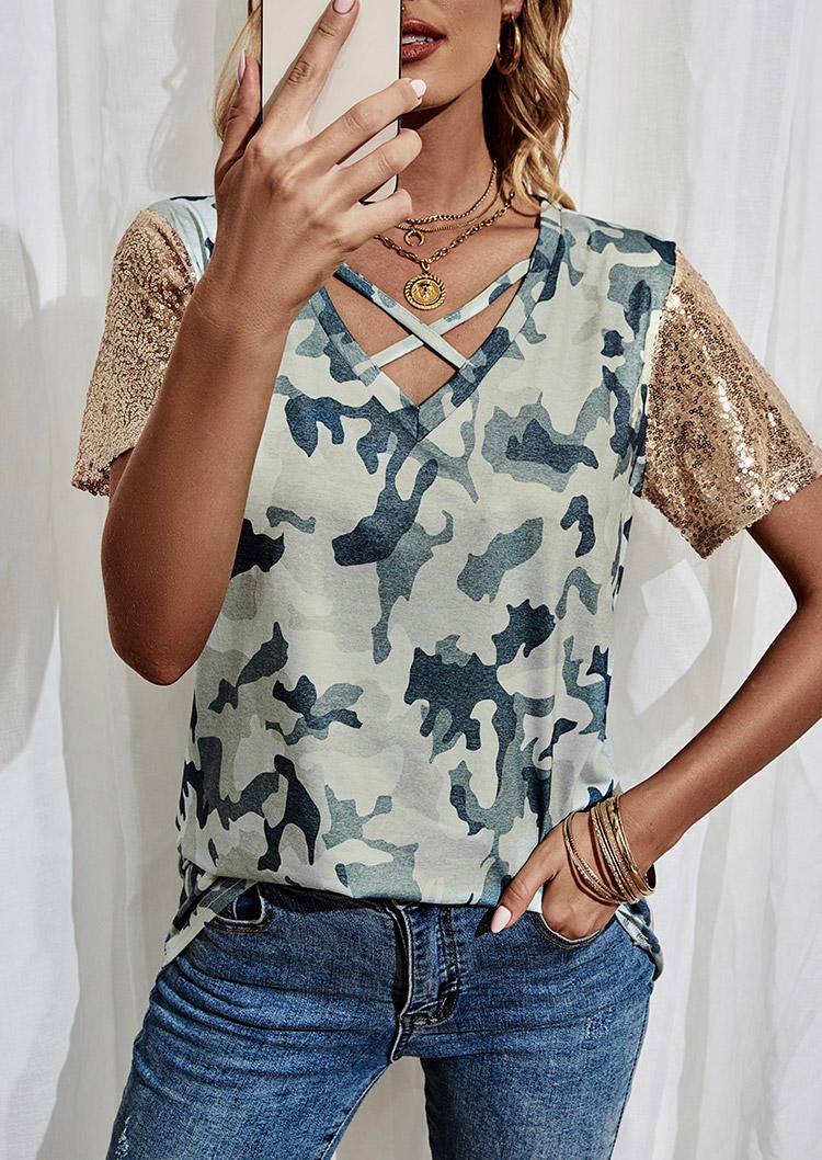 

Camouflage Sequined Splicing Criss-Cross Blouse, 507019