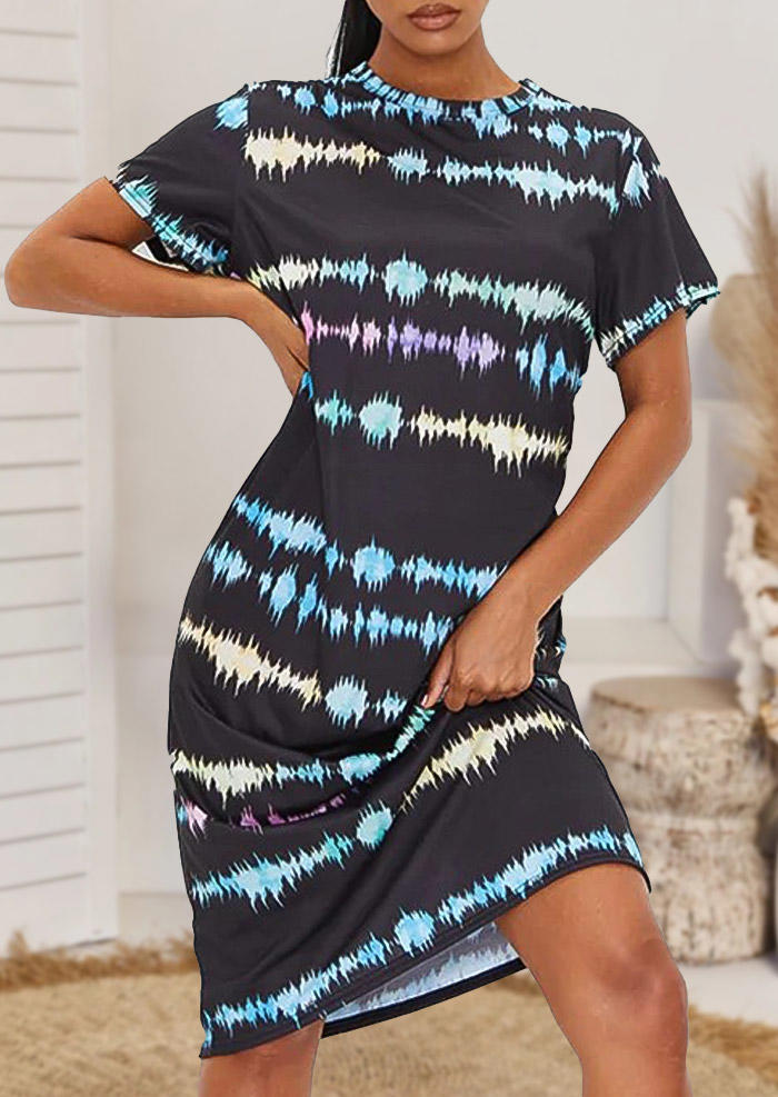 

Tie Dye Striped Short Sleeve Midi Dress - Black, 507043