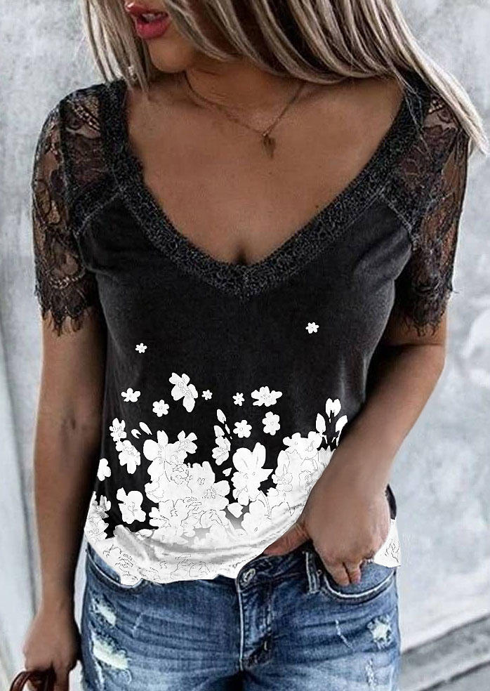 

Lace Splicing Floral Blouse - Black, 507137