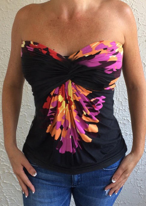 

Colorful Floral Twist Hollow Out Strapless Tank - Black, 507225