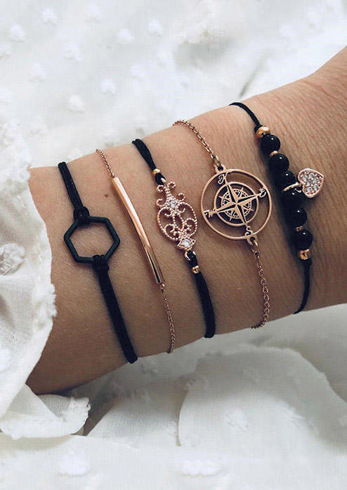 

5Pcs Rhinestone Heart Compass Totem Beading Bracelet Set, Black, 503569