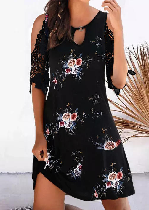 

Floral Lace Splicing Hollow Out Mini Dress - Black, 504799