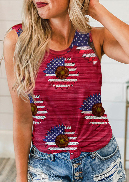 

American Flag Star Striped Sunflower Casual Tank - Red, 506347