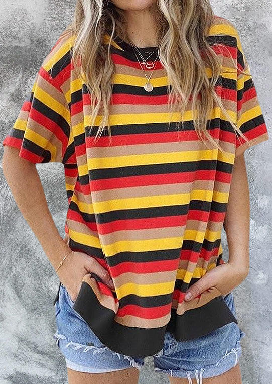 

Colorful Striped Slit O-Neck Loose Blouse, Stripe, 506855