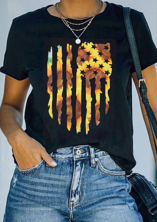 

American Flag Sunflower Star T-Shirt Tee - Black, 507038