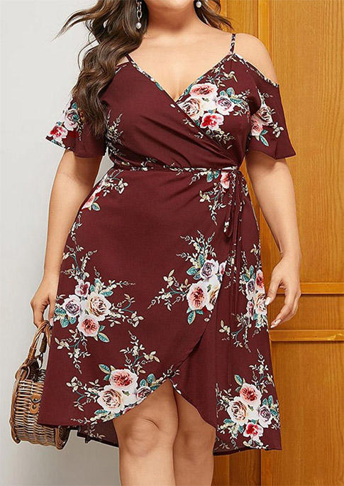 

Plus Size Floral Ruffled Cold Shoulder Mini Dress, Multicolor, 507046