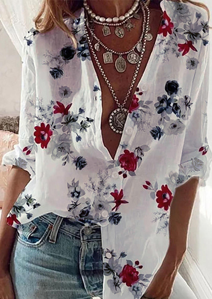 

Floral Button Long Sleeve Turn-Down Collar Shirt - White, 507080